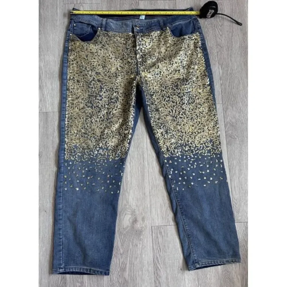 Chico's Platinum Jeans‎ Size 35 Short Denim Stretch GOLD sequins